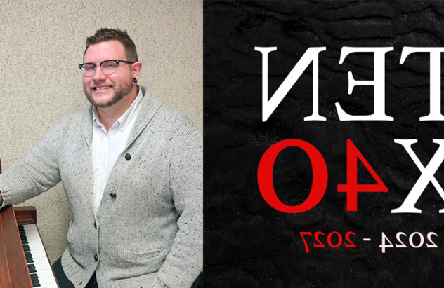 "TEN X 40" in large, serif font on a black background. Beneath in a smaller font, "2024-2027." To the left of the text and black background is Matthew Kennedy, a white man with short brown hair, a short beard, and glasses. He's wearing a white button-up and a grey cardigan while sitting at a piano with a pencil in hand.